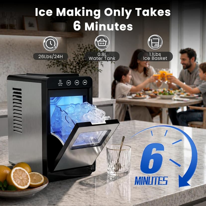 Electactic Countertop Ice Maker, 26Lbs Daily Ice Production, 0.8L Water Tank, Self-Cleaning, Adjustable Ice Size, One-Touch Operation, Interior Light, Portable Ice Maker for Home, Office & Party