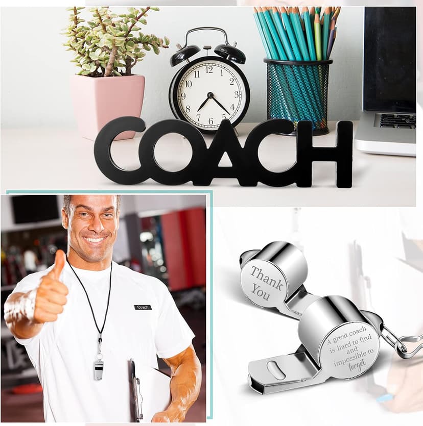 Amyhill 9 Pcs Coach Gifts Football Soccer Coaches Gifts Thank You Coach Wood Sign Whistle Stainless Steel Whistle with Rope White Marker Pen Christmas Thanksgiving Gift for Men Women Football Sports