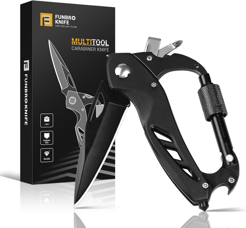Stocking Stuffers Gifts for Men, EDC Carabiners with Folding Knives, Window Breaker and Screwdriver, Gear for Camping Hiking FUNBRO Multitool Carabiner with Pocket Knife, Bottle Opener B09YCNTY8B