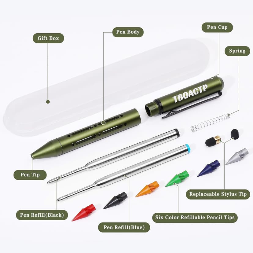 4.7″ Mini 3 EDC Ballpoint Pen, Pencil and Stylus in One, with 2 Refill, 6 Pencil Tip and 2 Stylus Tip, Ultra Long Lasting Bolt Action Pen for Office, Learning, Working Green