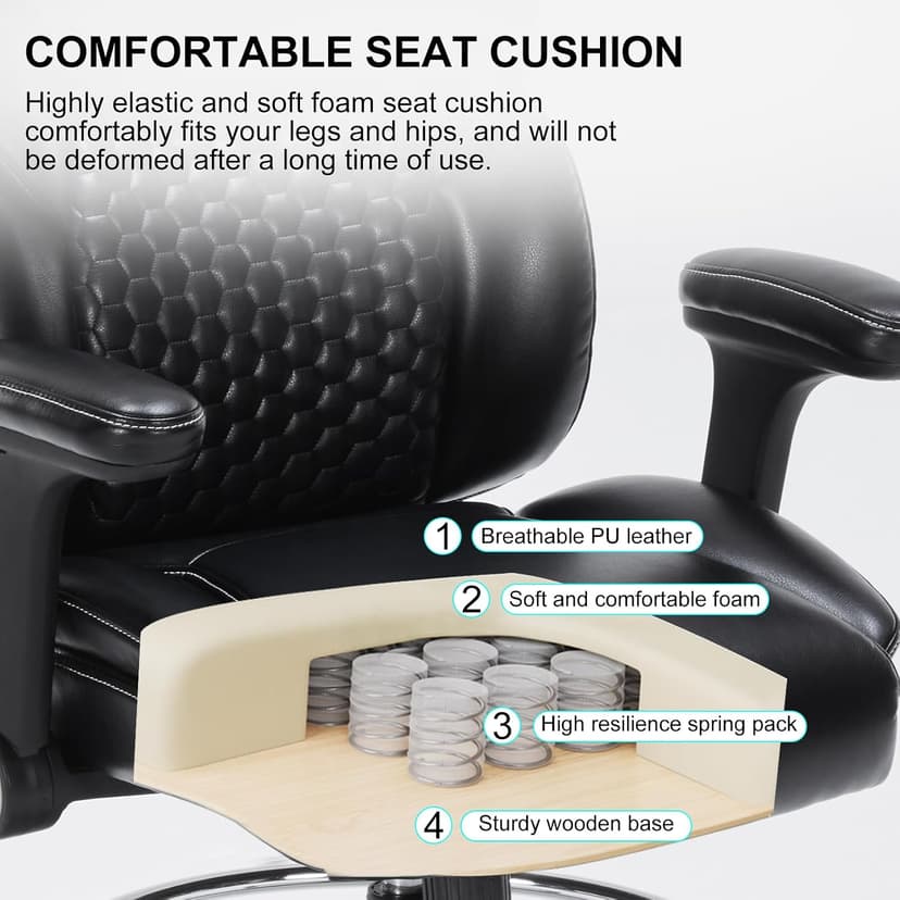 Drafting Chair, Tall Office Chair with Adjustable Armrests Mid-Back Standing Desk Chair with Footrest Ring, PU Leather High Executive Desk Chair Counter Height Office Chair for Home and Office, Black