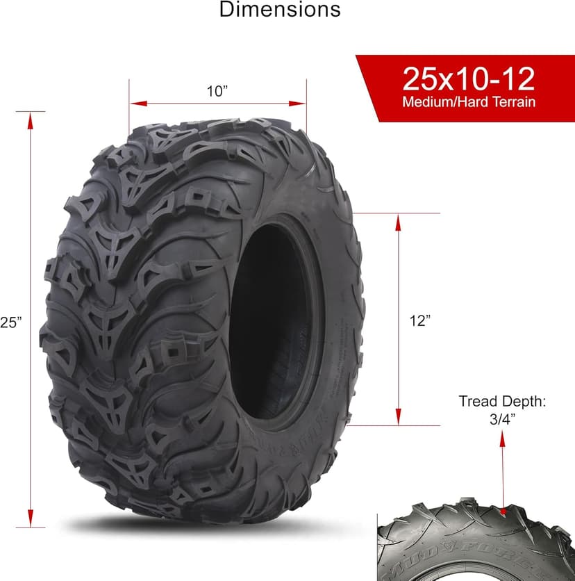 Tusk Mud Force ATV Tire Set – 25x8-12 Front & 25x10-12 Rear – Durable Off-Road Quad Tires Set of 4