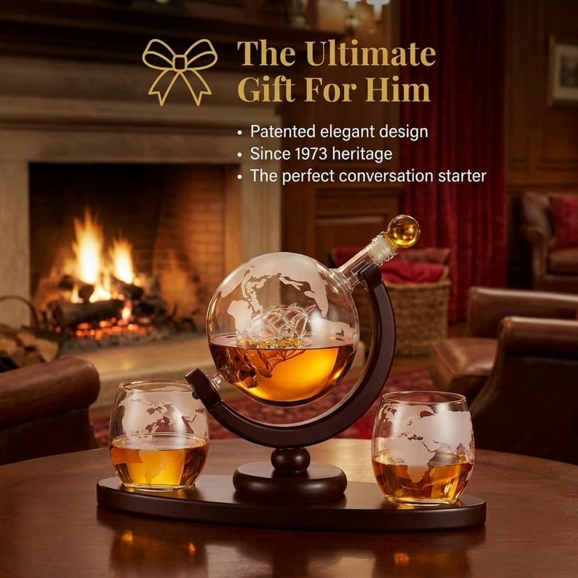 Gifts for Men, Whiskey Decanter Globe Set with 2 Etched Whiskey Glasses - for Liquor Scotch Bourbon Vodka, Gifts For Dad - 850ml