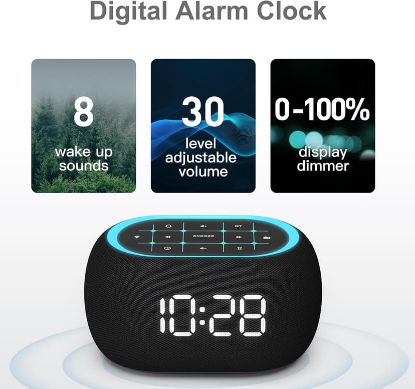 ANJANK Alarm Clock FM Radio with Bluetooth Speaker, Hi-Fi Stereo Sound, 0-100% Dimmer,7 Clolors Night Light, 8 Wake Up Sounds,16-Level Volume, Small Digital Clock with Sleep Timer for Bedroom Bedside