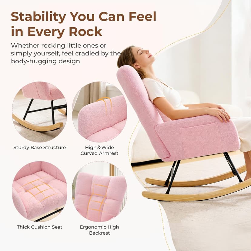 DUMOS Nursery Rocking Chair Teddy Upholstered, Comfy Glider Rocker with High Backrest Armchair Padded Seat, Accent Side Chair for Living Room Bedroom Offices Small Spaces Indoor, Pink