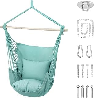 Athena Collection Hammock Chair Hanging Rope Swing Chair with 2 Cushions, Max 350 Lbs, Hanging Macrame Chair with Anti-Slip Grooves Spreader Bar and Pocket for Outdoor Indoor Patio Yard, Green