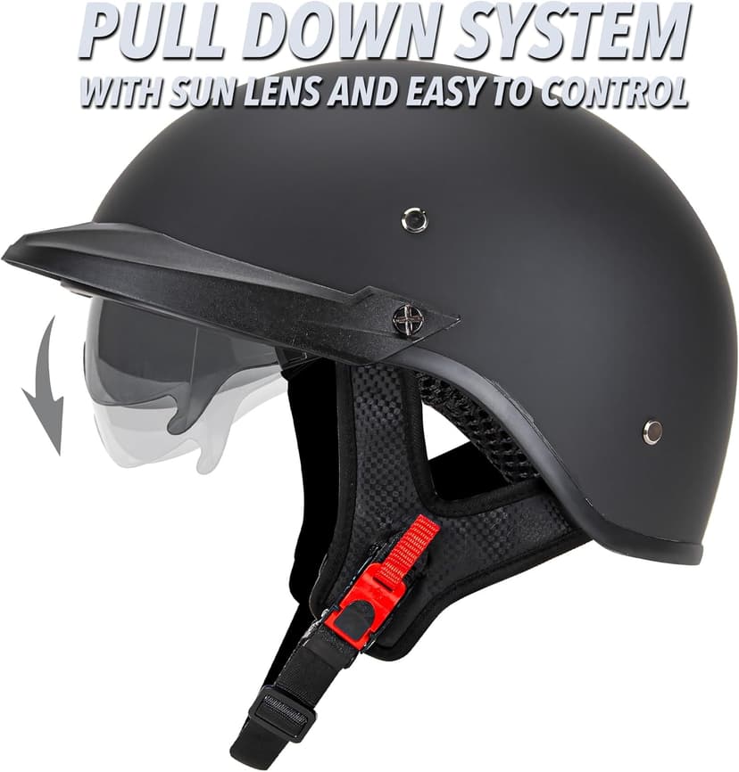 Cartman Motorcycle Open Face Helmet with Sun Visor Quick Release Buckle, Matte Black, DOT Approved
