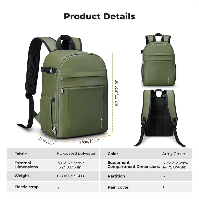 K&F CONCEPT Camera Bag Backpack, Professional DSLR/SLR/Mirrorless Camera Backpack, Photography Camera Case with Tripod Holder & Rain Cover Compatible with Canon/Sony/Nikon/FUJIFILM