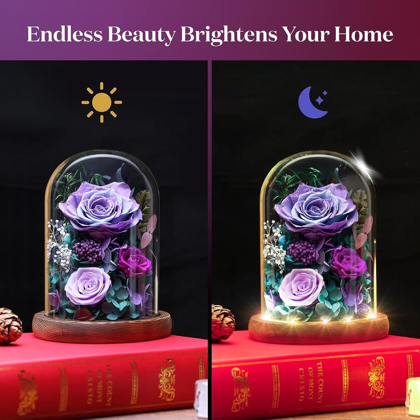 Dsuto Forever Fresh Flowers Bouquet in Glass Dome with Light, Preserved Purple Roses Gifts for Women on Birthdays, Anniversaries, Christmas, Valentine’s Day & Mother’s Day