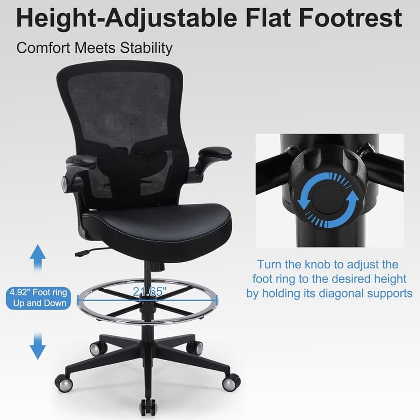 Drafting Chair 400lbs Heavy Duty Tall Office Chair Big and Tall Ergonomic Standing Desk Chair with Lumbar Support and Adjustable Footrest Ring, Comfy Mesh Wide Chair with Flip-up Armrests, Black