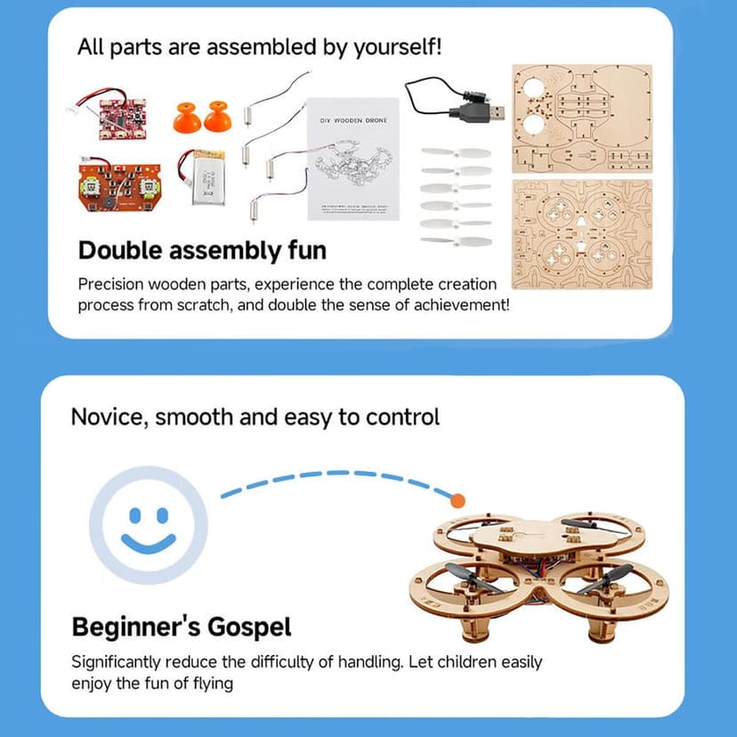 DIY Wooden Drone Assembly Kit, Wooden Drone Building Kit, Remote Control Mini Quadcopters, DIY Assembly Drones with 4-Axis Flight, Creative Building Model for Kids and Adults (1 PCS)