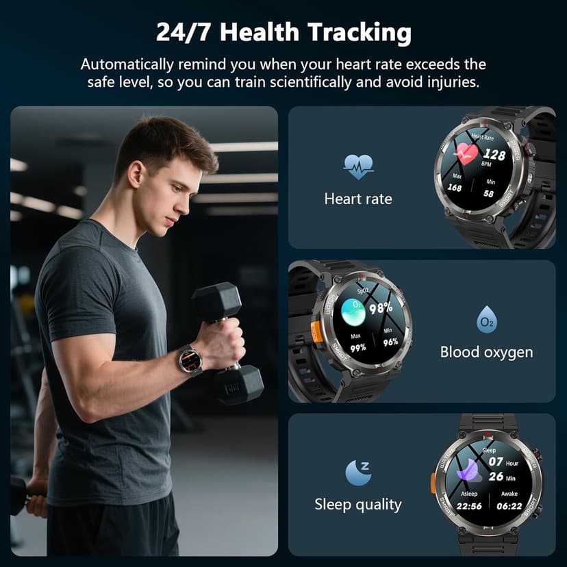 IOWODO Military Smart Watch for Men -100-Day Long Battery Life,Fitness Tracker with LED Flashlight/Compass,Heart Rate Monitor,120+ Sports Modes,IP68 Waterproof,Bluetooth Call Smartwatch for iOSAndroid