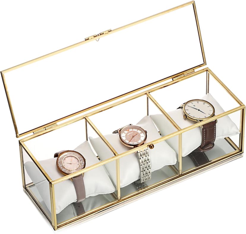 JUXYES JUXYES Clear Glass Watch Display Case with 3 Slots, Luxury Brass Glass Watch Organizer Holder Stand with White Watch Pillow, Modern Transparent Watch Collection Box for Men and Women, Gold