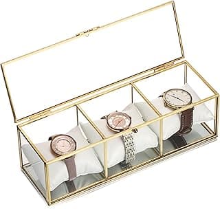 JUXYES JUXYES Clear Glass Watch Display Case with 3 Slots, Luxury Brass Glass Watch Organizer Holder Stand with White Watch Pillow, Modern Transparent Watch Collection Box for Men and Women, Gold