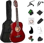 BESYOU 38in Beginner Acoustic Travel Guitar Basic Starter Kit Tuner Capo Strings Winders Strap Picks Pickguard with Gig Bag Starter Practice Guitar For Kids Teens Students Adults
