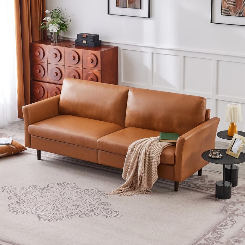 Kingfun Faux Leather 3 Seat Couch for Living Room, Mid Century Modern Sofa with Rolled Arms and Deep Seats, Fluffy Comfort for Apartment, Easy to Assemble, Chestnut