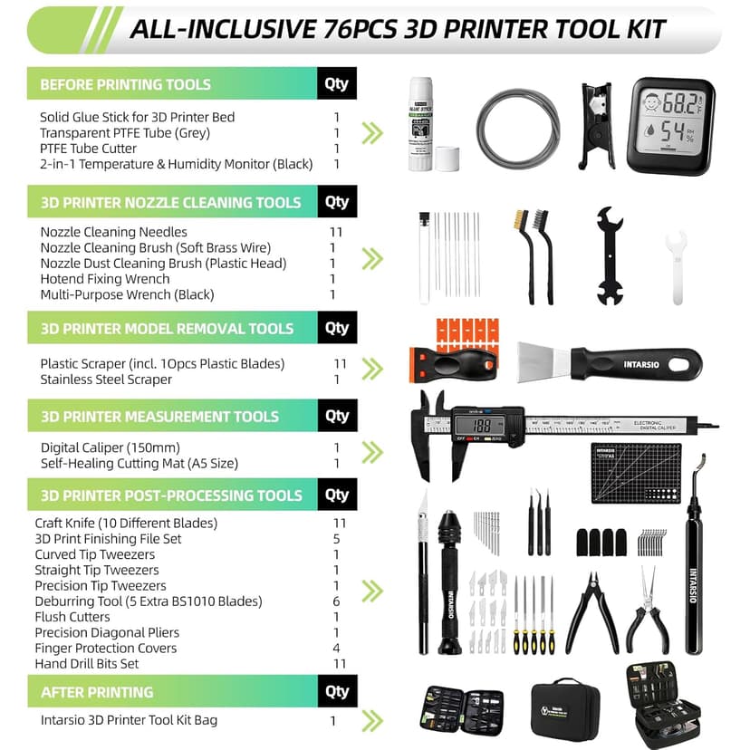 76pcs 3D Printer Tools Kit with Bag, 3D Printer Accessories includes Digital Caliper, Hygrometer, PTFE Tube Kit, Deburring Tool, Scrapers, Nozzle Cleaning, for Bambu Lab, Ender 3, FDM/SLA Printers etc