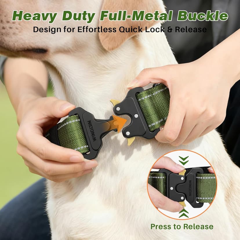 WINGOIN Tactical Dog Collar with AirTag Holder, Heavy Duty Reflective Padded Nylon Collar for Large Dogs, Quick Release Metal Buckle, Dogcollar for Training Walking Hunting, IPX5 Waterproof, Green,L