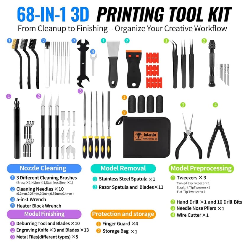 68Pcs 3D Printer Tools Kit with Storage Case, 3D Printer Accessories - Deburring Tool, 3D Printer Removing Scrapers, Metal Files, Brushes, Hand Drill, Tweezers, for Bambu Lab, Ender 3, Kobra, etc.