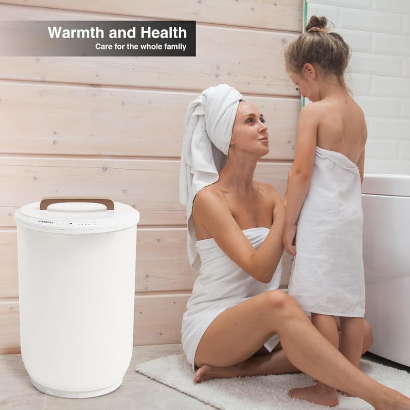 SAMEAT Heated Towel Warmers for Bathroom - Large Towel Warmer Bucket, Wood Handle, Auto Shut Off, Fits Up to Two 40"X70" Oversized Towels, White B0C7KQTXV1