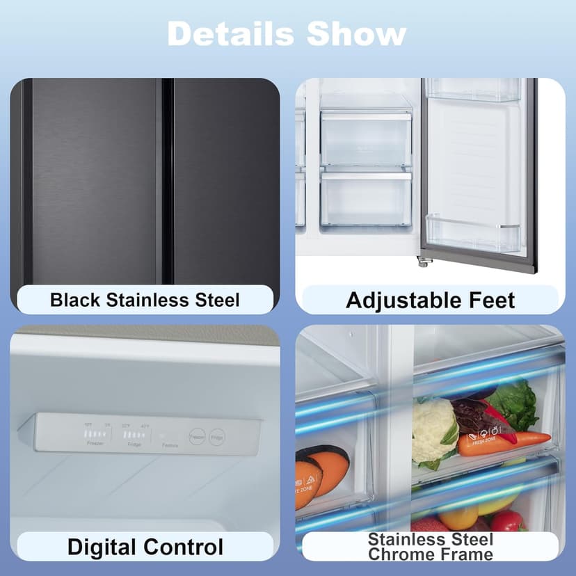 Iceblue 15.6 Cu.Ft. Side-by-side Refrigerators, 33" Full Size Refrigerator, Zoning Temperature Control Beverage Refrigerator with Freezer, Frost Free Beverage Fridge - Black Stainless Steel
