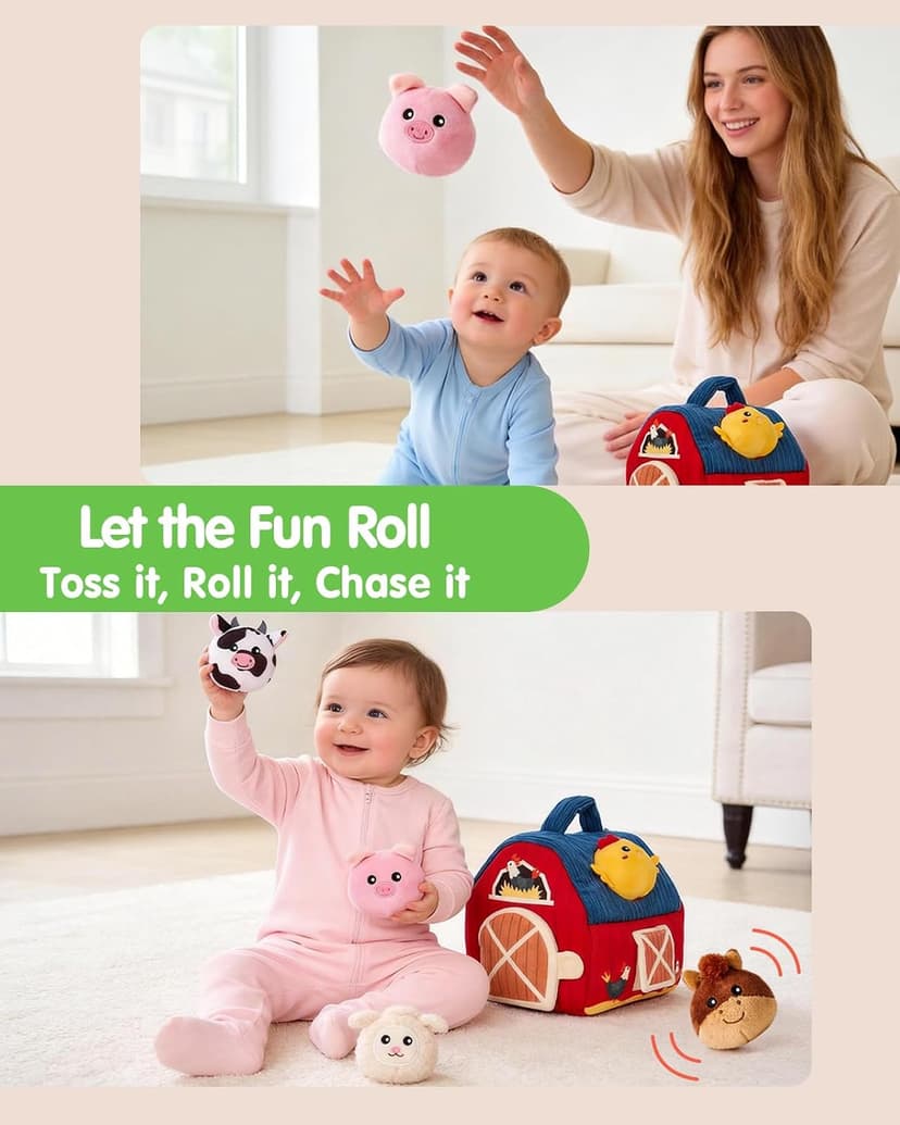Baby Gifts Christmas Stocking Stuffers 6 Month Old Montessori Toys with Rattle, Crinkle, Texures, Mirror Infant Sensory Balls hahaland Baby Toys 6-12 Months - Surprise Barn Stuffed Farm Animals Plush B0CFX5H5MJ
