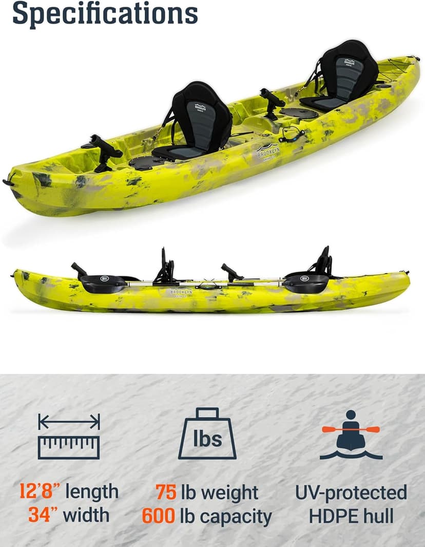 Brooklyn 12.5 Tandem Sit-On-Top Fishing Kayak by BKC, 2–3 Person Kayak with Padded Seats, Paddles, 6 Rod Holders, 600 lb Capacity, Motor-Ready