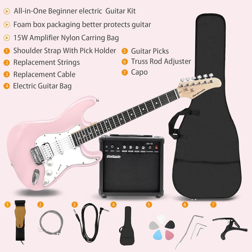 Soulmate 39 Inch Full Size Electric Guitar Starter Kit for Beginners Solid Body, HSS Pickups with 15W Amp, Gig Bag, Capo, Strap, Strings, Cable, Picks (Right-Handed,Pink)