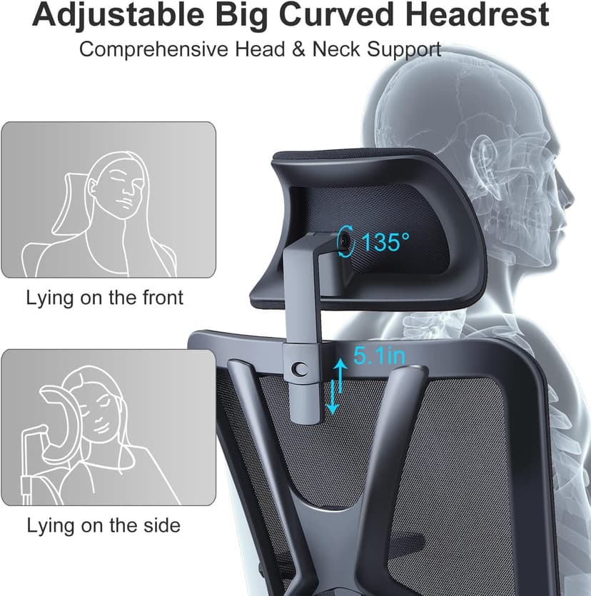 Ticova Ergonomic Office Chair - High Back Desk Chair with Adjustable Lumbar Support, Headrest & 3D Armrest - 130°Rocking Mesh Computer Chair