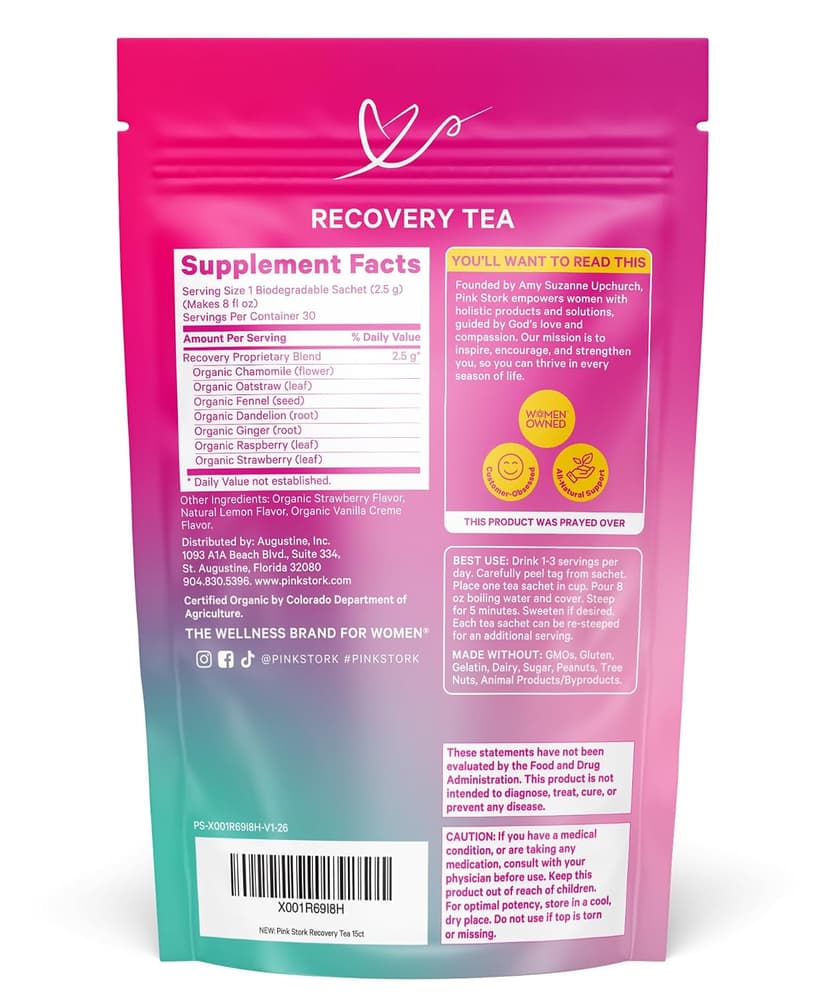 Pink Stork Postpartum Recovery Herbal Tea, Organic Red Raspberry Leaf with Chamomile, Hormone Balance for Women After Labor and Delivery, Strawberry Passion, Hot or Iced, Caffeine-Free, 15 Sachets