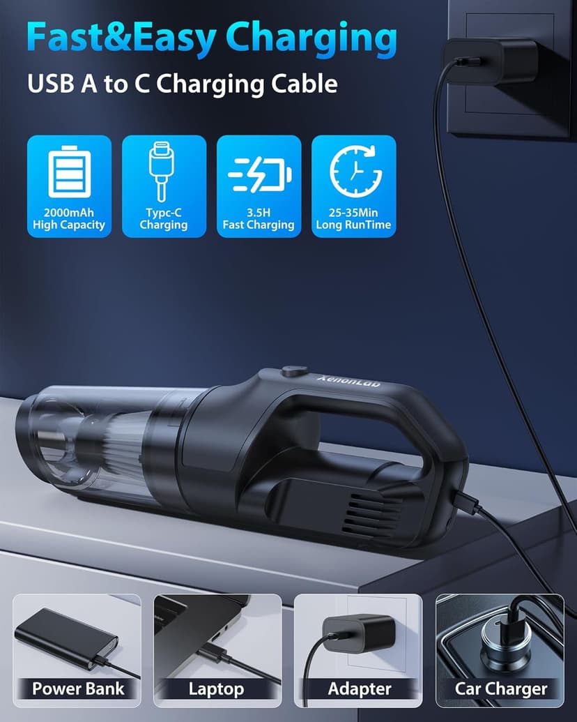 XenonLab Handheld Vacuum Cordless 1.1 Pounds Car Vac 10000PA Hand Held Vacuums 4-in-1 Hand Vac Cordless Rechargeable HEPA Filter Large Capacity Dust Cup for Car Office Home Pets Hair (Gray)