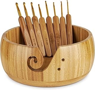 Wooden Yarn Bowl Holder, Craft Knitting Bowl with 8pcs Metal Crochet Hooks, 7.9''Large Yarn Holder Dispenser Yarn Storage Bowls, for Knitters & Crocheters (Bamboo 7.9 inch)
