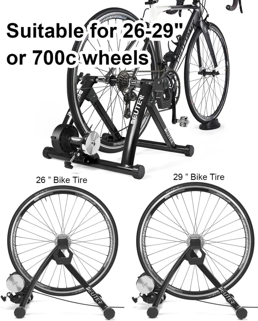 Bike Trainer, Magnetic Bicycle Stationary Stand for Indoor Exercise Riding, 26-29" & 700C Wheels, Quick Release Skewer & Front Wheel Riser Block Included