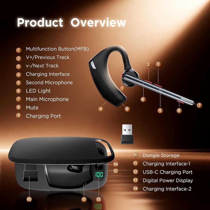 COMEXION Bluetooth Headset V5.3, Wireless Headset with Dual Noise-Canceling Mics, Portable Charging Case, 300H Standby Time, Hands Free Headphones for Computer/Cell Phones, Trucker/Home/Office/Work