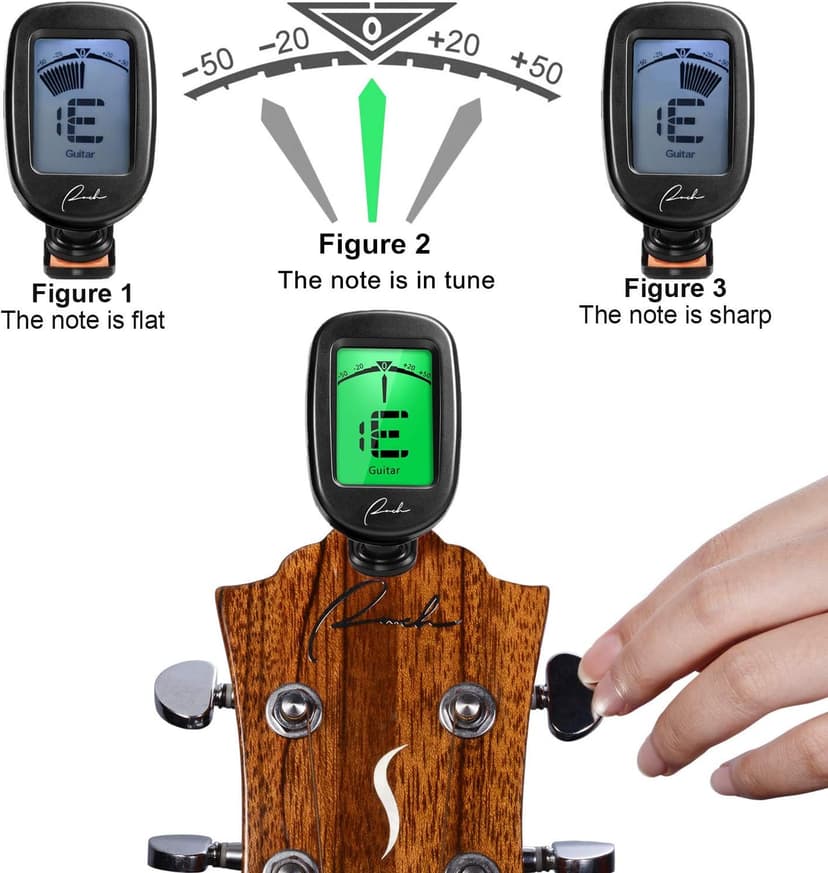 Ranch Guitar Tuner Clip On for Acoustic/Electric Guitar, Ukulele, Violin, Bass, Banjo - Fast & Accurate Chromatic Tuner with Noise Immunity Durable String Instrument Tuners - Classic Black