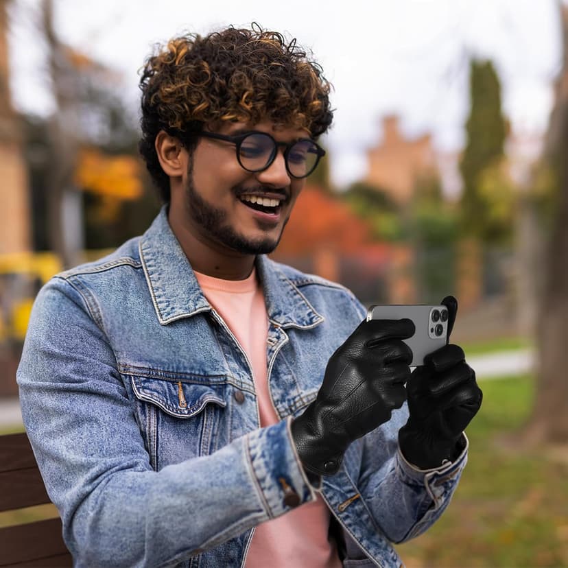 QOF Winter Genuine Leather Gloves for Men, Cashmere Warm Lined Finger Touchscreen Texting Driving Gloves