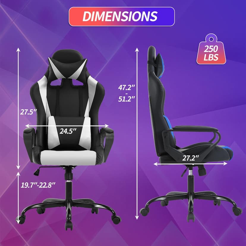 Gaming Chair Office Chair High-Back Ergonomic Video Game Chairs for Kids Teen Adult Height Adjustable Reclining Computer Chair with Lumbar Support Armrest Headrest Game Chair - White