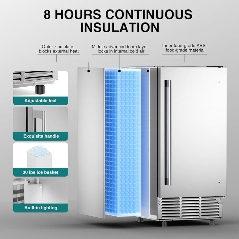 Mojgar ETL Approval Commercial Under Counter Ice Maker 100 Lbs/Day with 30 LBS Bin, 15" W Freestanding Built-in Ice Maker, Undercounter Ice Machine with Self Cleaning for Home/Bar/Restaurant，Silver