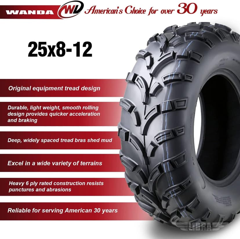 WANDA ATV/UTV Tires 25x8-12 25x8x12 6-Ply Light Mud Tires, Set 2-10243
