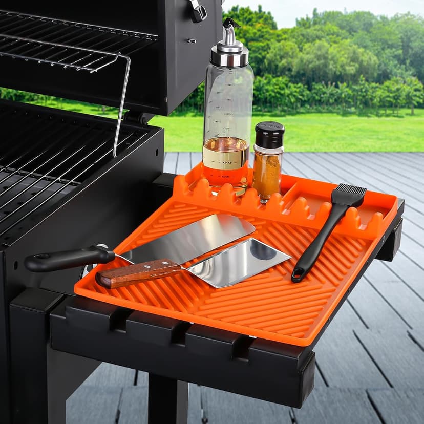 Silicone Griddle Tools Mat for Blackstone Weber Traeger Pit Boss - Side Shelf Spatula Mat with Drip Pad - Flat Top Grill Smoker Accessories for BBQ, Kitchen, Cooking, Countertop(Orange)