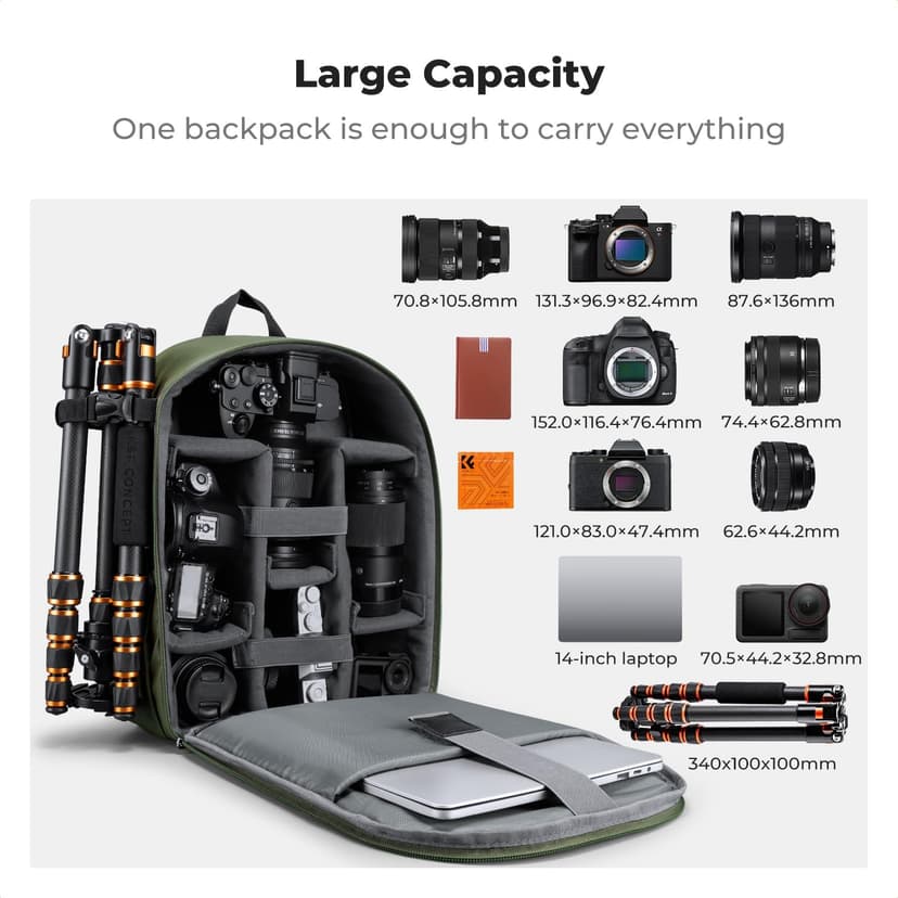 K&F CONCEPT Camera Bag Backpack, Professional DSLR/SLR/Mirrorless Camera Backpack, Photography Camera Case with Tripod Holder & Rain Cover Compatible with Canon/Sony/Nikon/FUJIFILM