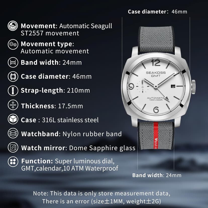 SEAKOSS GMT Watches for Men Automatic 45MM Date 10ATM Waterproof Seagull ST2557 Movement Luminous Stainless Steel Sapphire Glass Mechanical Wristwatches S8441