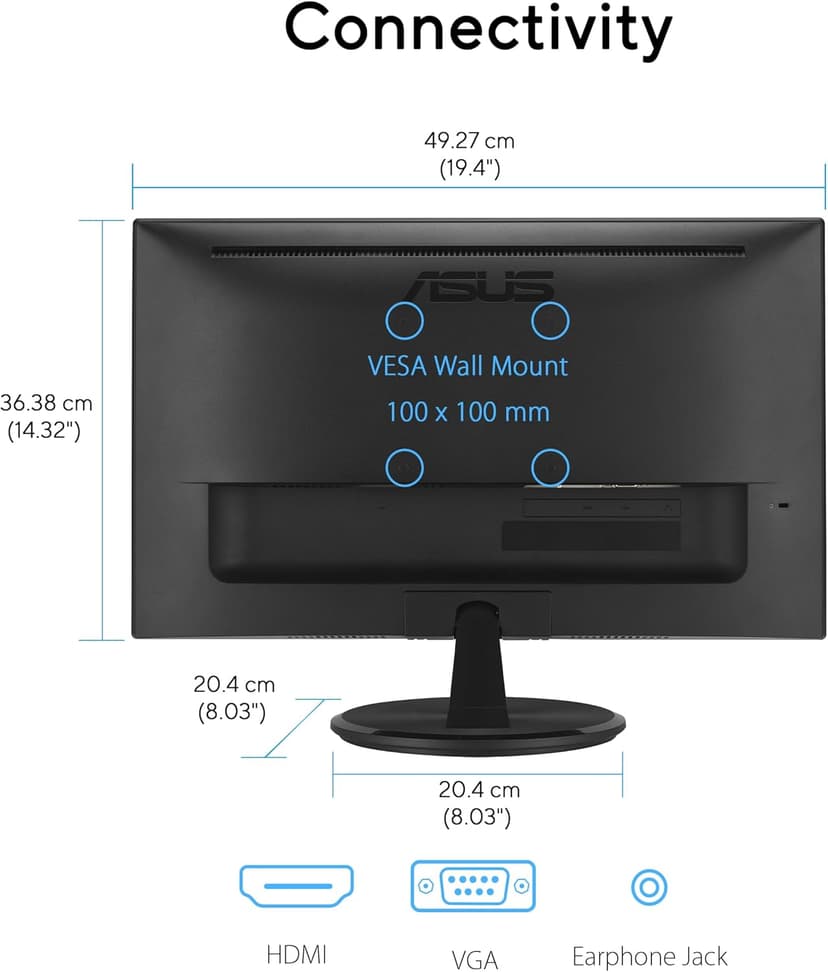 ASUS 22” 1080P Eye Care Monitor (VP227HF) - (21.45-inch viewable), Full HD, 99% sRGB, Frameless, 100Hz, Adaptive-Sync, 1ms, HDMI, Low Blue Light, Flicker Free, VESA Wall Mountable, 3 yr Warranty