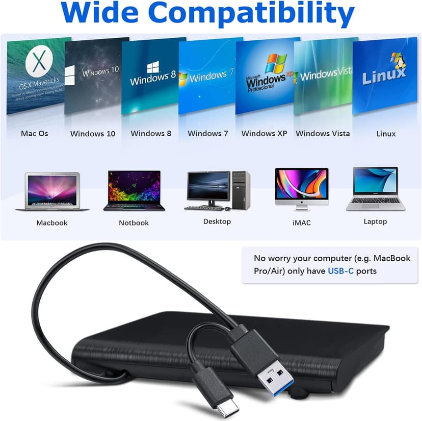 Haiway External DVD Drive, USB 3.0 Type-C CD Burner Portable CD DVD +/-RW Optical Drive Slim CD DVD ROM Rewriter CD/DVD Player Writer Reader for Laptop Desktop MacBook PC Windows Linux Mac OS (Black)