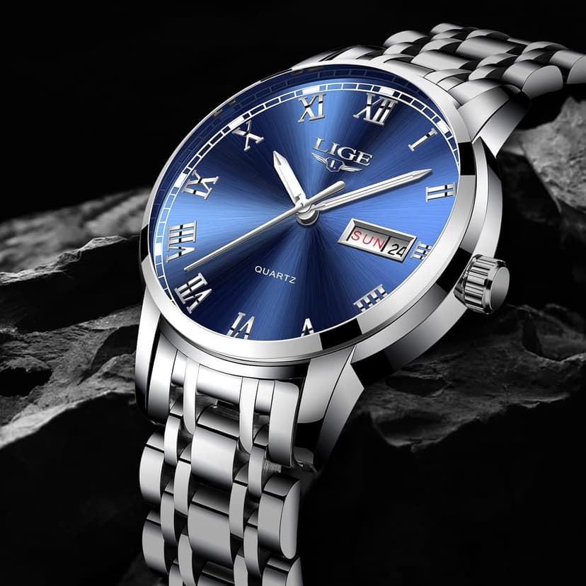 LIGE Mens Watch, Analog Men's Wrist Watches, Stainless Steel Style, Quartz Movement Calendar Function, 3ATM Waterproof, Clear Luminous Display, Business Social Matching