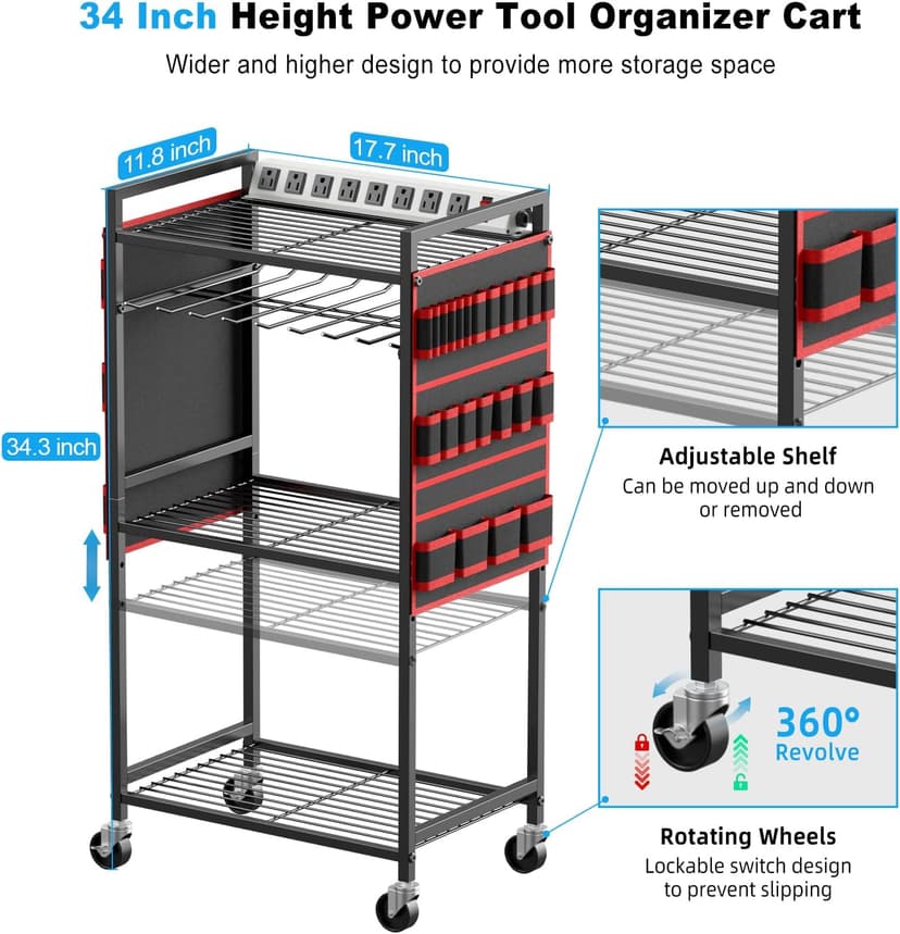 Floor Standing, Large Garage Rolling Storage Cart on Wheels, Heavy Duty Drill Battery Storage Rack, with 8 Outlet Power Strip JUNNUJ Power Tool Organizer Cart with Charging Station, 6 FT Cord, Red B0D1QVKWGH