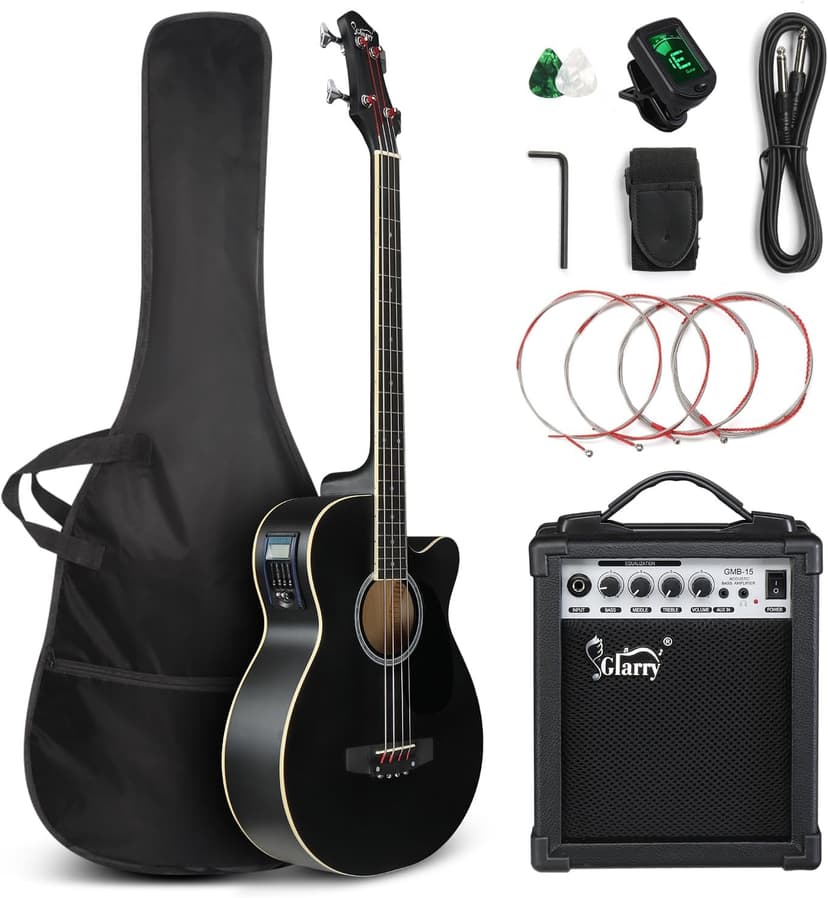 GLARRY Full Size Acoustic Electric Bass Guitar Beginner Kit w/ 15W Amp, Cutaway 4 Strings Electric Acoustic Bass Guitar w/Inbuilt Tuner, Bag, Strap, Picks, Strings, Bass Guitarra，Matte Black