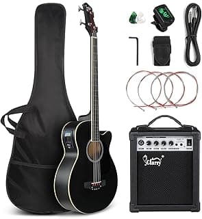 GLARRY Full Size Acoustic Electric Bass Guitar Beginner Kit w/ 15W Amp, Cutaway 4 Strings Electric Acoustic Bass Guitar w/Inbuilt Tuner, Bag, Strap, Picks, Strings, Bass Guitarra，Matte Black