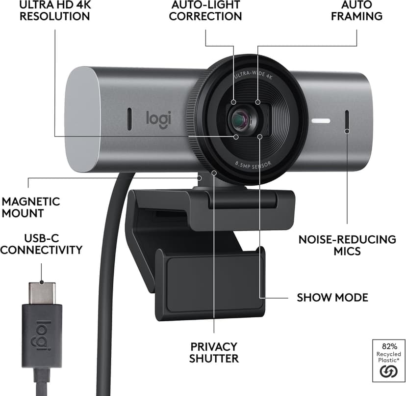 Logitech MX Brio Ultra HD 4K Webcam for Collaboration and Streaming, 1080p 60 FPS, Show Mode, Works with Microsoft Teams, Zoom, Google Meet, Nintendo Switch 2, Graphite