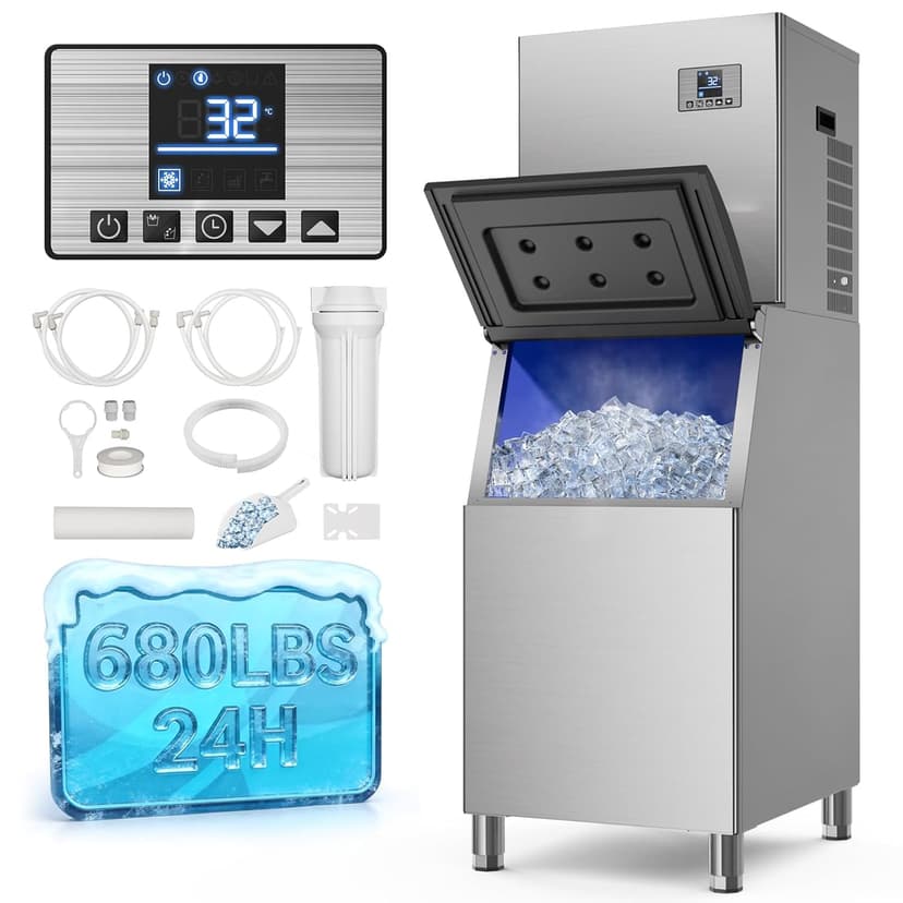 680LBS/24h & 560 LBS Storage Bin Commercial Ice Maker Machine, Ice Ready in 8-15 Min, ETL Approval Self Cleaning Stainless Steel Industrial Ice Machine for Bar Restaurant Cafe, Silver